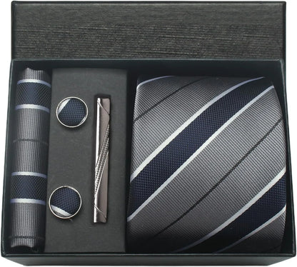 Set of tie, tie clip, and cufflinks in a black box