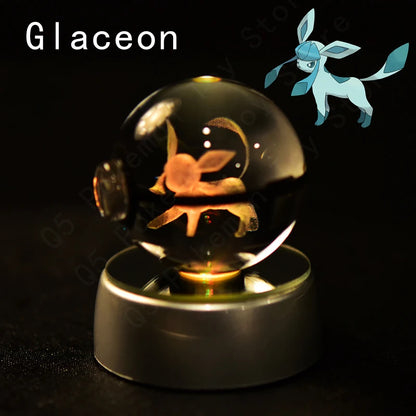 Glaceon figure inside a glass ball with a black background
