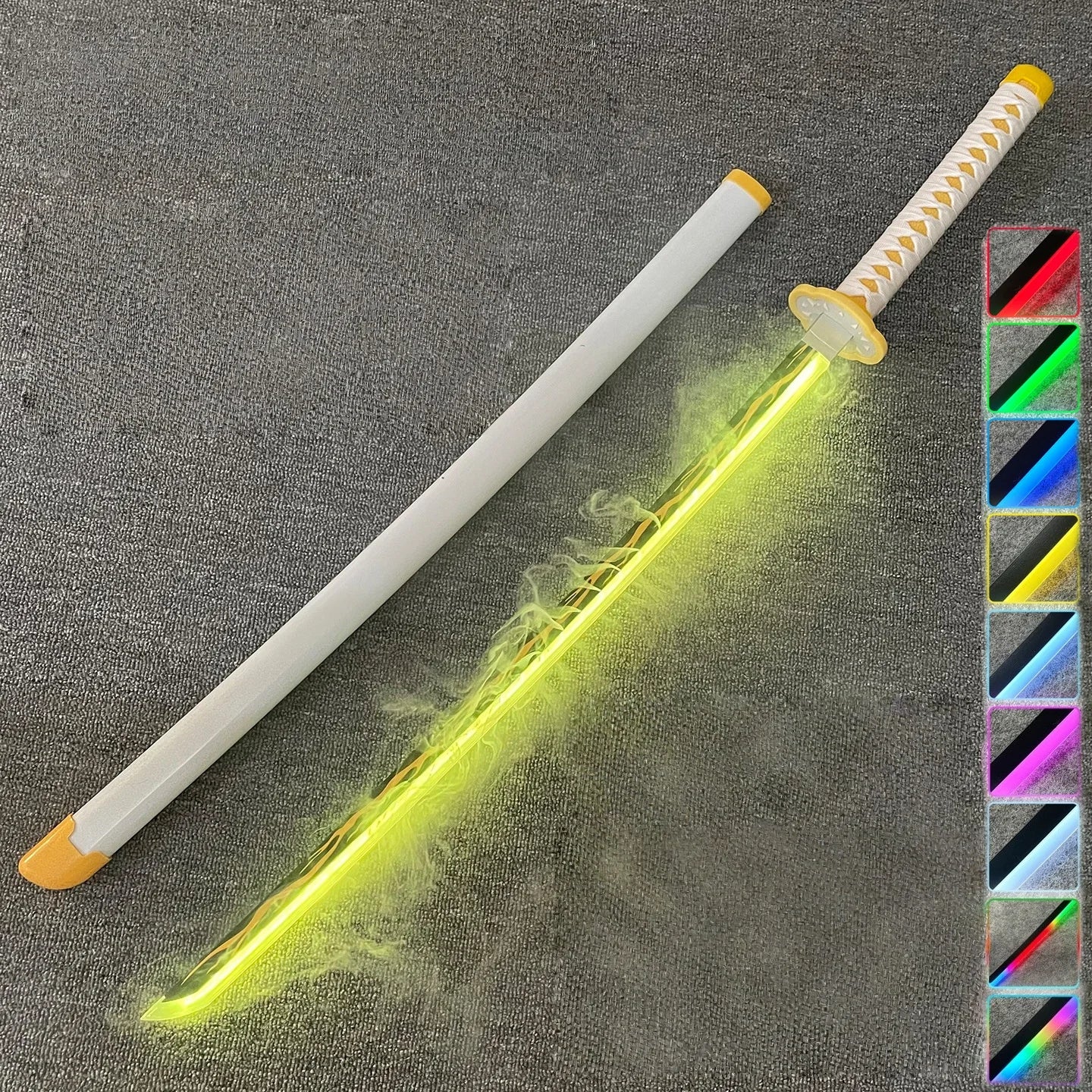 Light-up toy sword with colorful LED options on a gray background