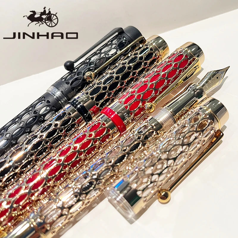 Three ornate fountain pens stacked on a white surface with Jinhao logo above.