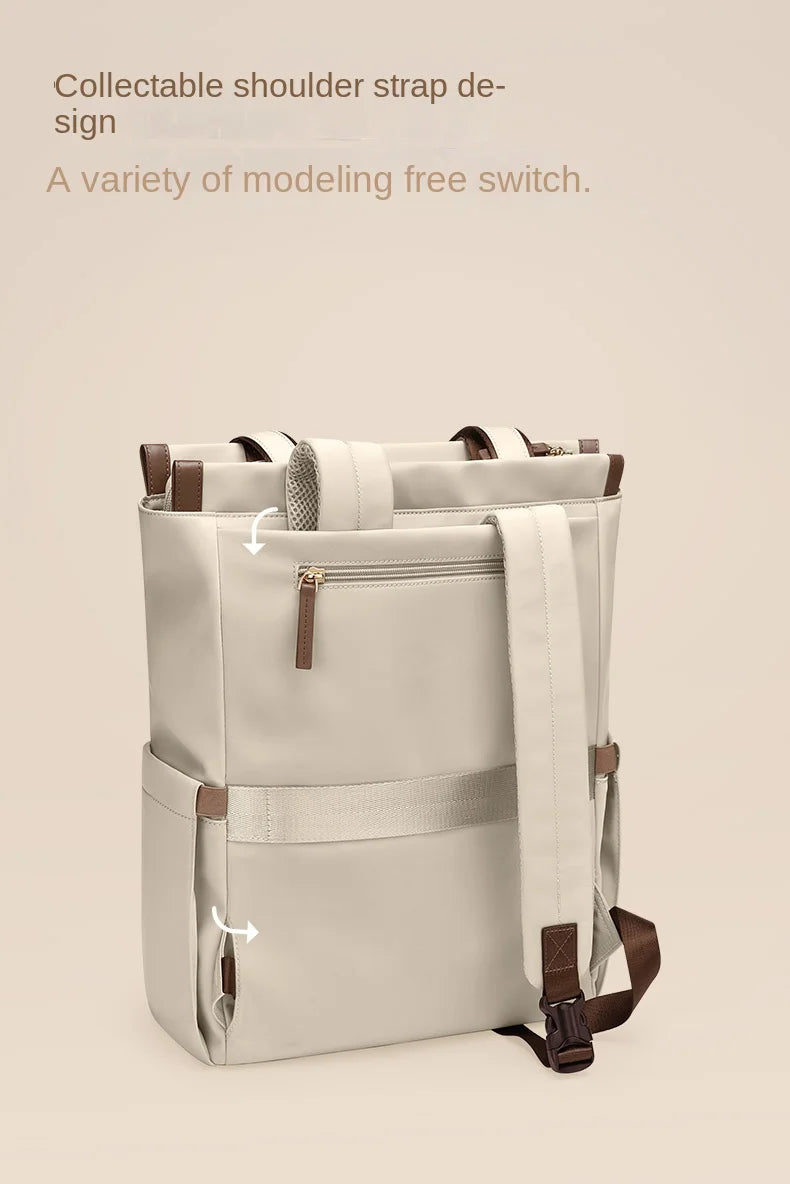 Beige backpack with brown straps on a beige background