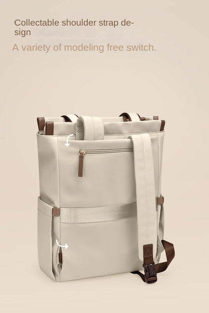 Beige backpack with brown straps on a beige background