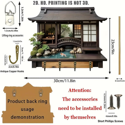 Detailed dimensions and features of a miniature Japanese-style house model with accessories.