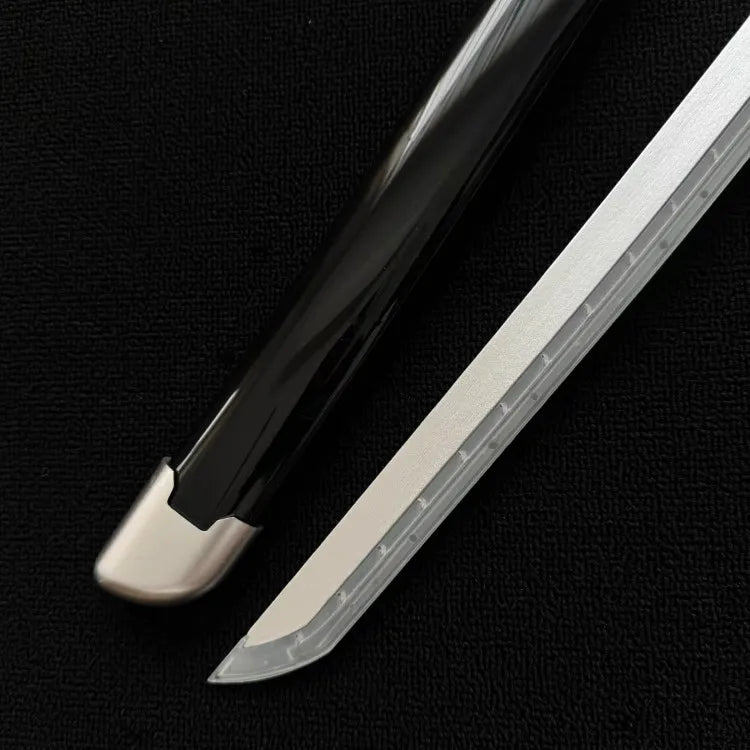 Two swords, one with a black sheath and the other with a silver blade, on a black background.