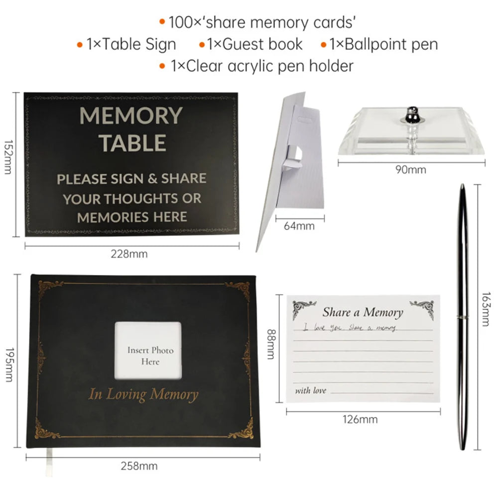 Memorial table setup with sign, guest book, pen holder, and pen dimensions.