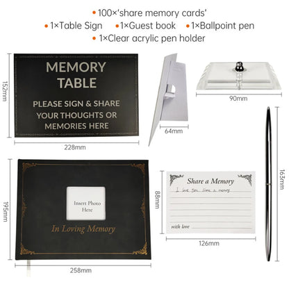 Memorial table setup with sign, guest book, pen holder, and pen dimensions.