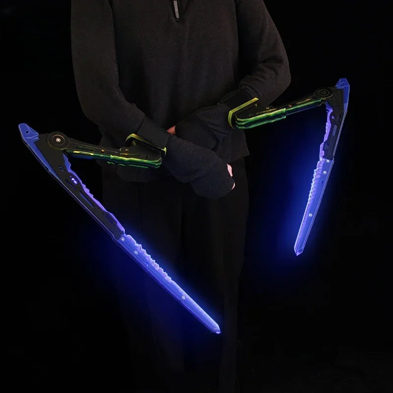 Person holding glowing blue and green futuristic swords against a black background