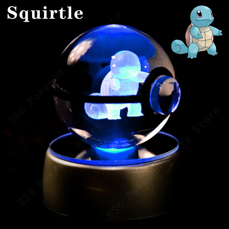 Crystal ball with a glowing blue light featuring an animated character, next to a cartoon illustration of Squirtle.