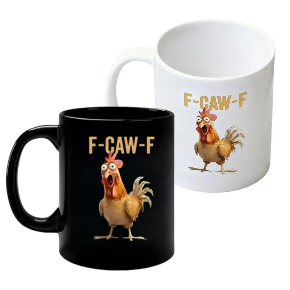 Two mugs, one black and one white, with a cartoon chicken and 'F-CAW-F' text on a white background.