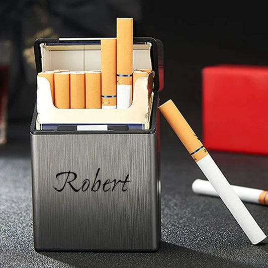 Cigarette case with cigarettes labeled 'Robert' on a dark surface.