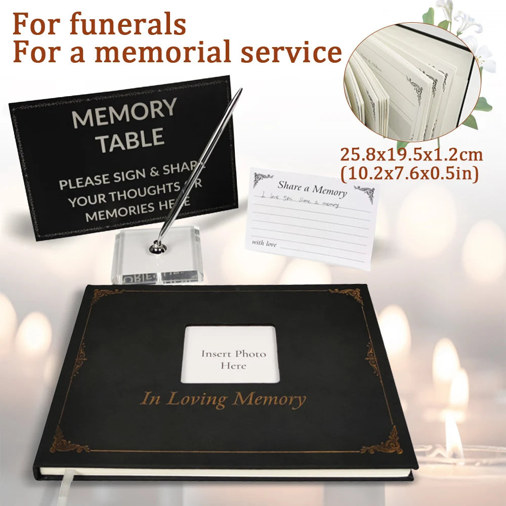 Memorial service table setup with black book, pen, and cards on a soft focus background.