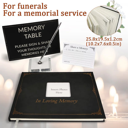 Memorial service table setup with black book, pen, and cards on a soft focus background.