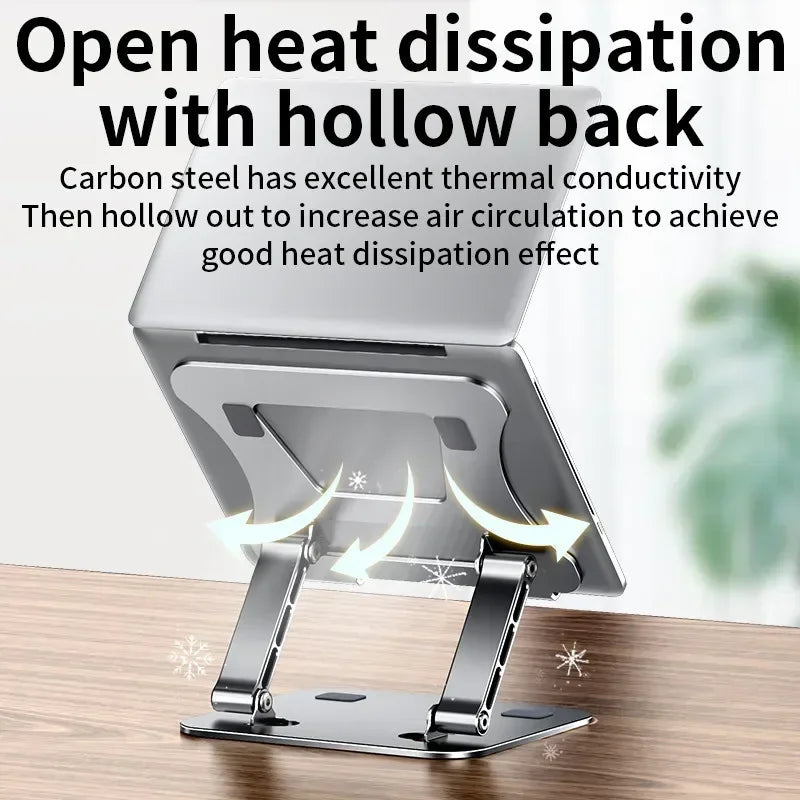 Metallic phone stand with text about open heat dissipation and carbon steel properties on a blurred background.