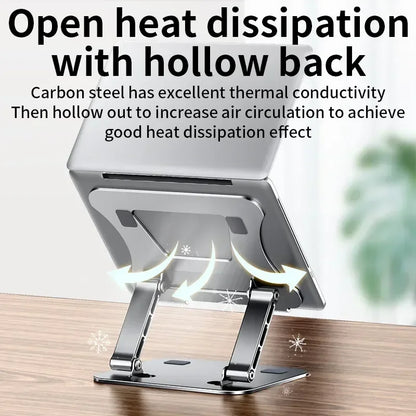 Metallic phone stand with text about open heat dissipation and carbon steel properties on a blurred background.