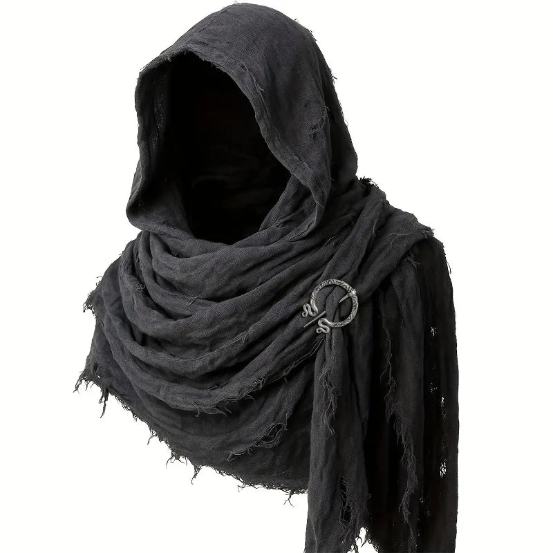 Black hooded scarf with a brooch on a white background