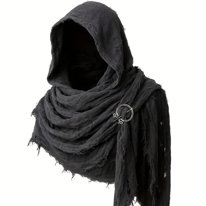 Black hooded scarf with a brooch on a white background