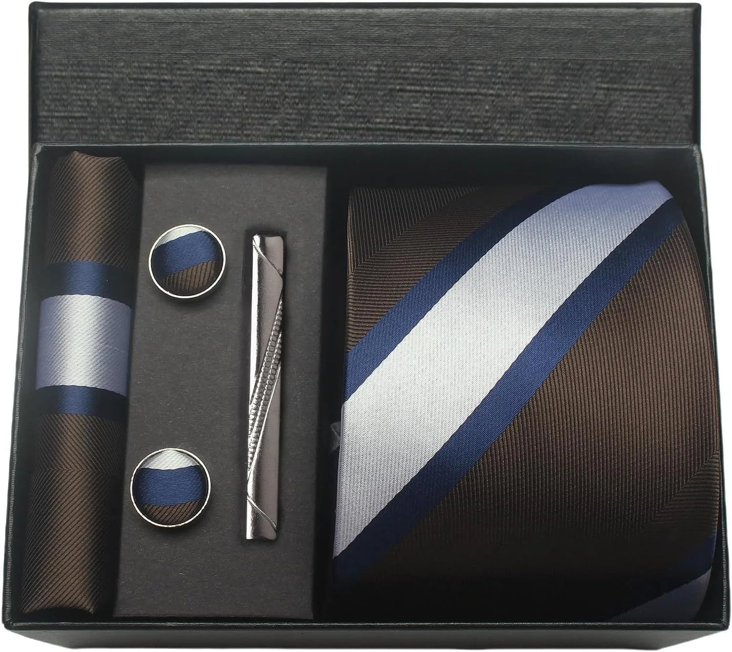 Groomsmen gift set with tie, pocket square, cufflinks, and tie clip in a black box.