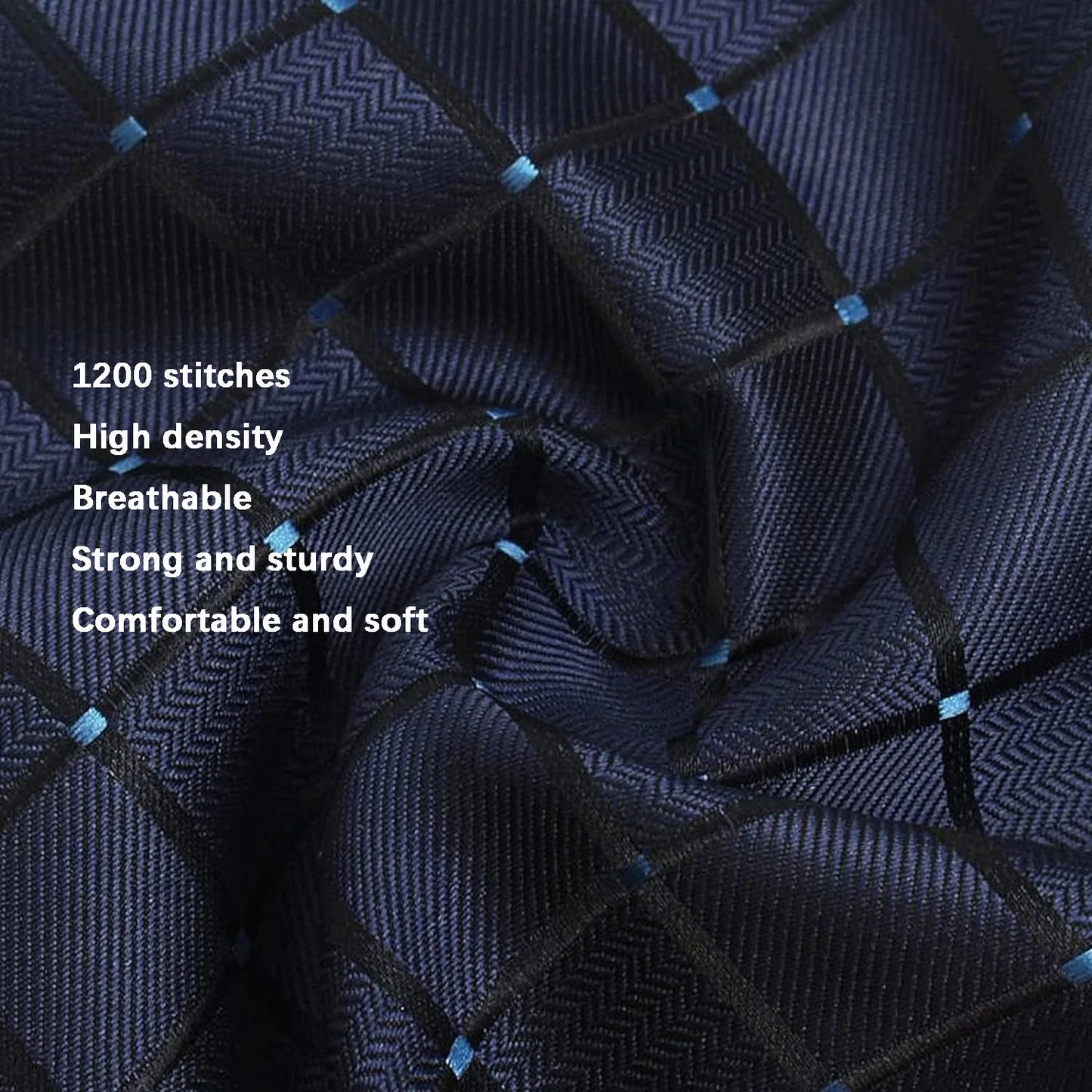 Close-up of a textured fabric with stitching details and text describing its features.