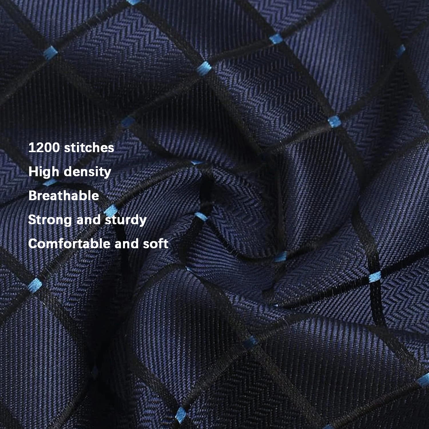 Close-up of a textured fabric with stitching details and text describing its features.