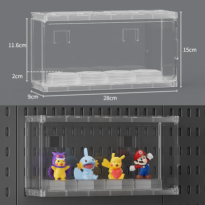 Clear acrylic display case with dimensions and toy figures inside on a dark background