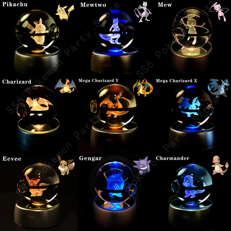 Collection of Pokémon-themed crystal balls with various characters on a black background.