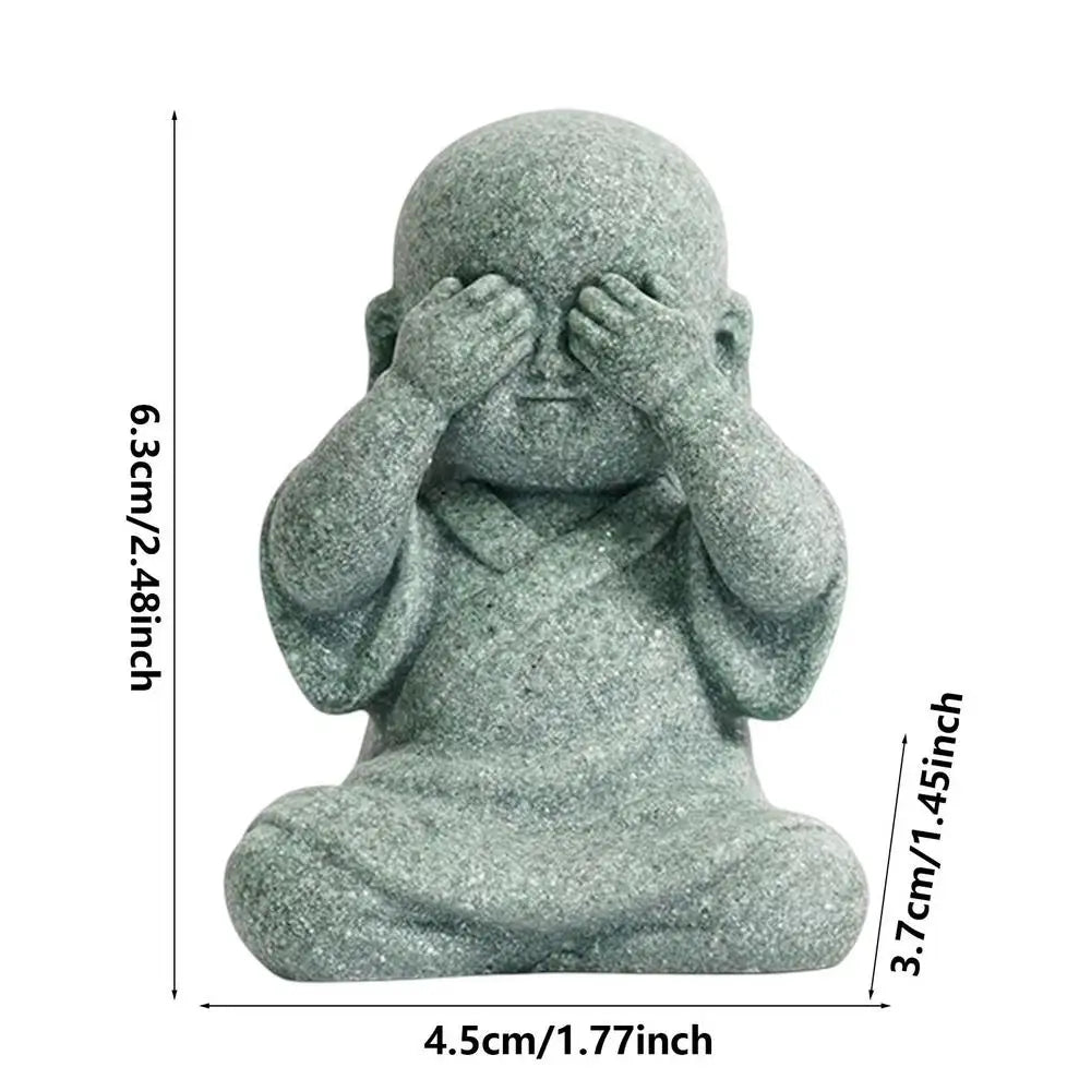 Small stone statue of a child with hands covering eyes, shown with measurements on a white background.