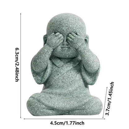 Small stone statue of a child with hands covering eyes, shown with measurements on a white background.