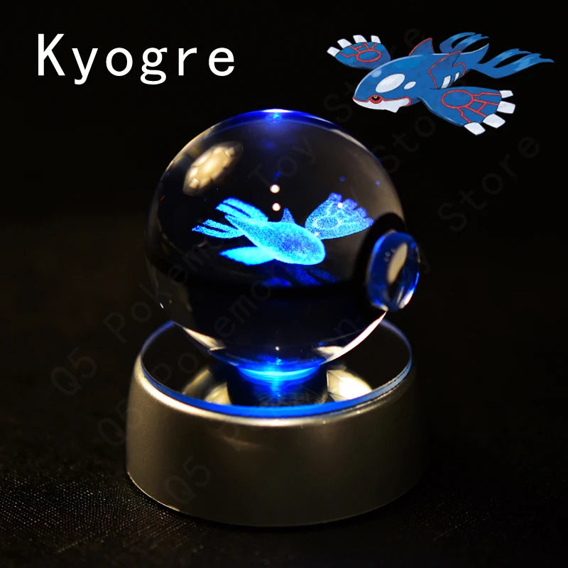 Crystal ball with glowing blue creature inside, labeled 'Kyogre', on a dark background.