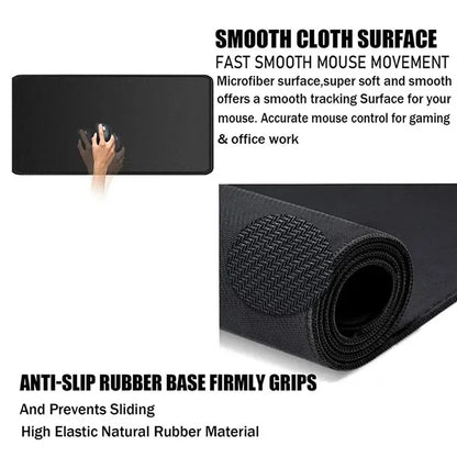 Black mouse pad with text describing its features on a white background