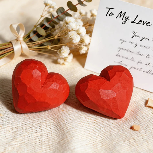 Two red heart-shaped objects on a textured surface with a card and flowers in the background.