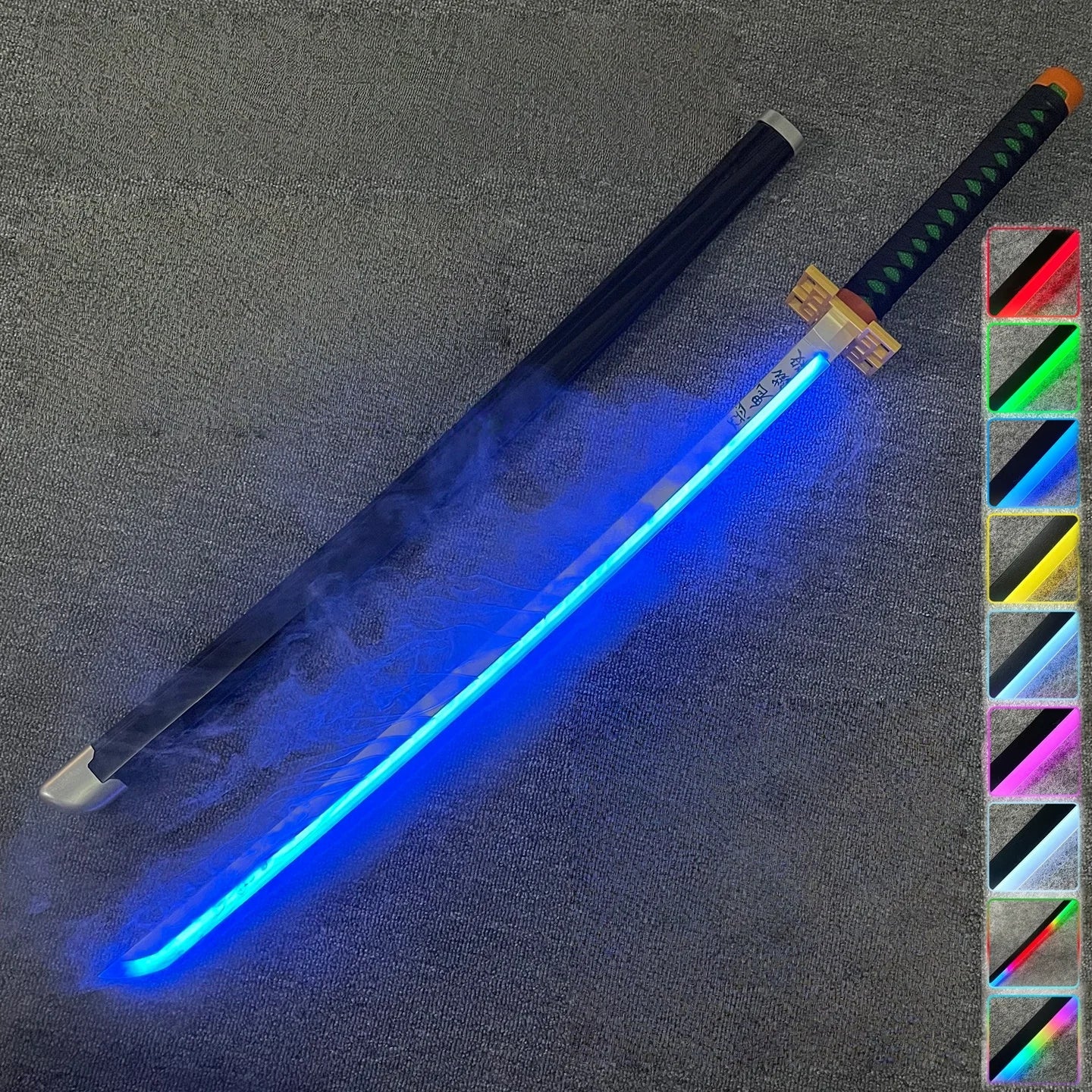Light-up sword with blue light on a gray surface, accompanied by color swatches on the right.