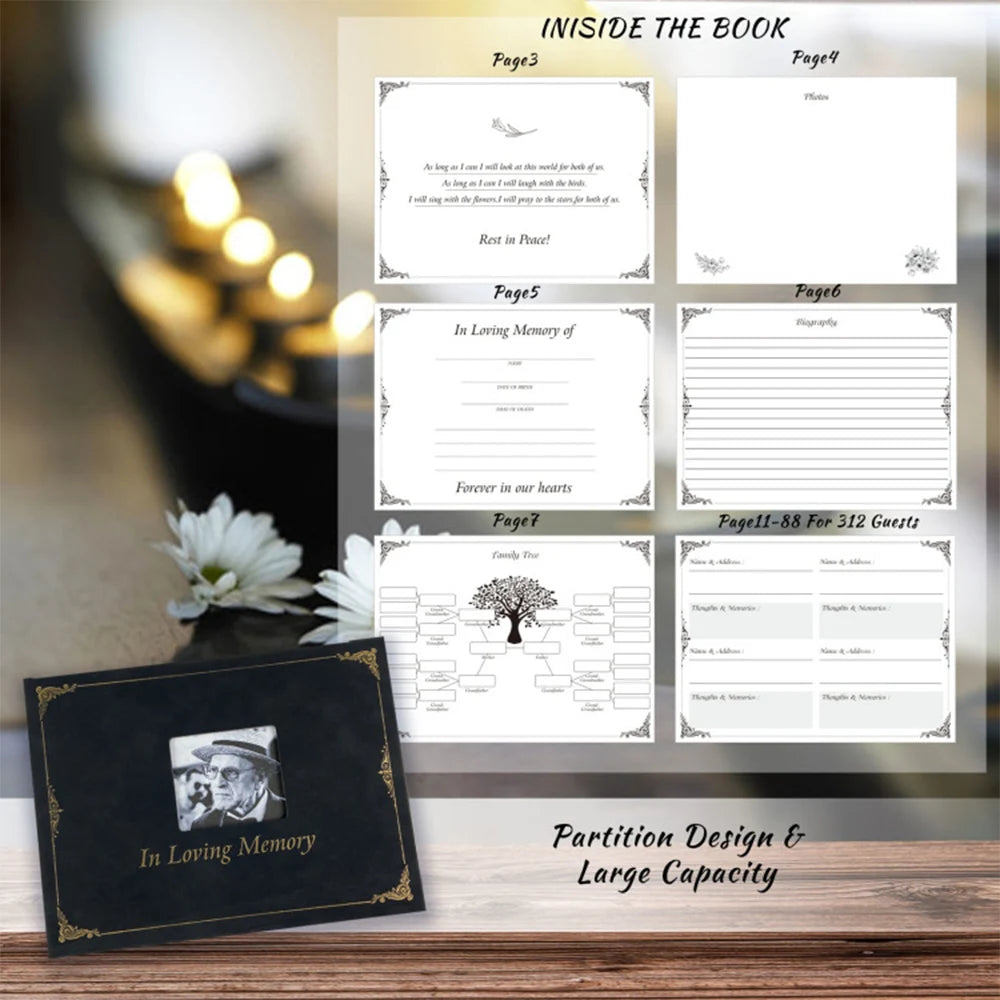 In Loving Memory book with pages displayed on a blurred background