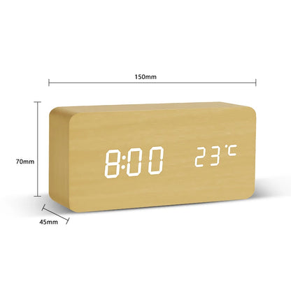 Wooden digital clock with LED display showing time and temperature, with dimensions indicated.