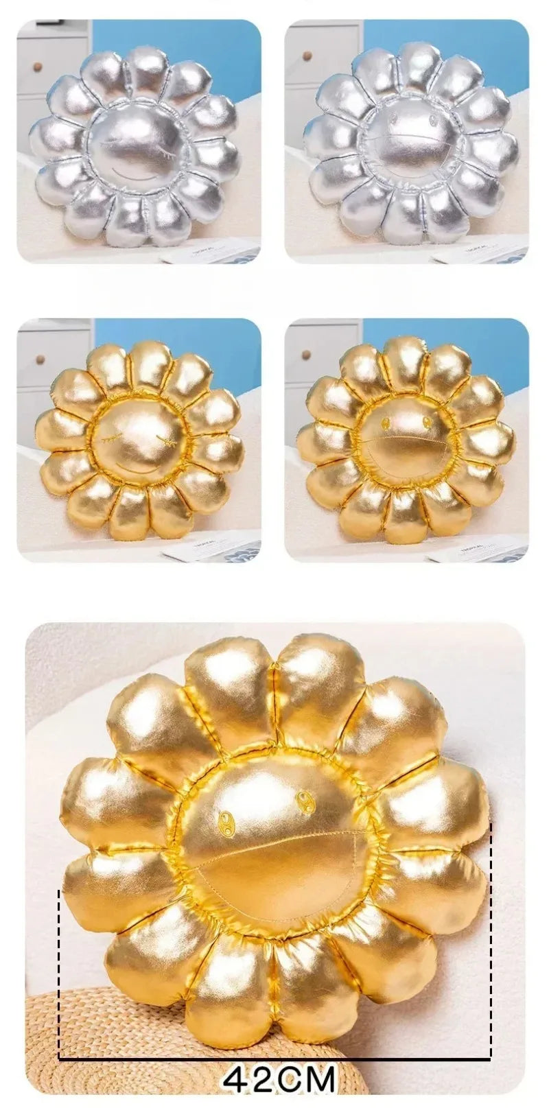 Set of gold and silver flower-shaped objects on a white background