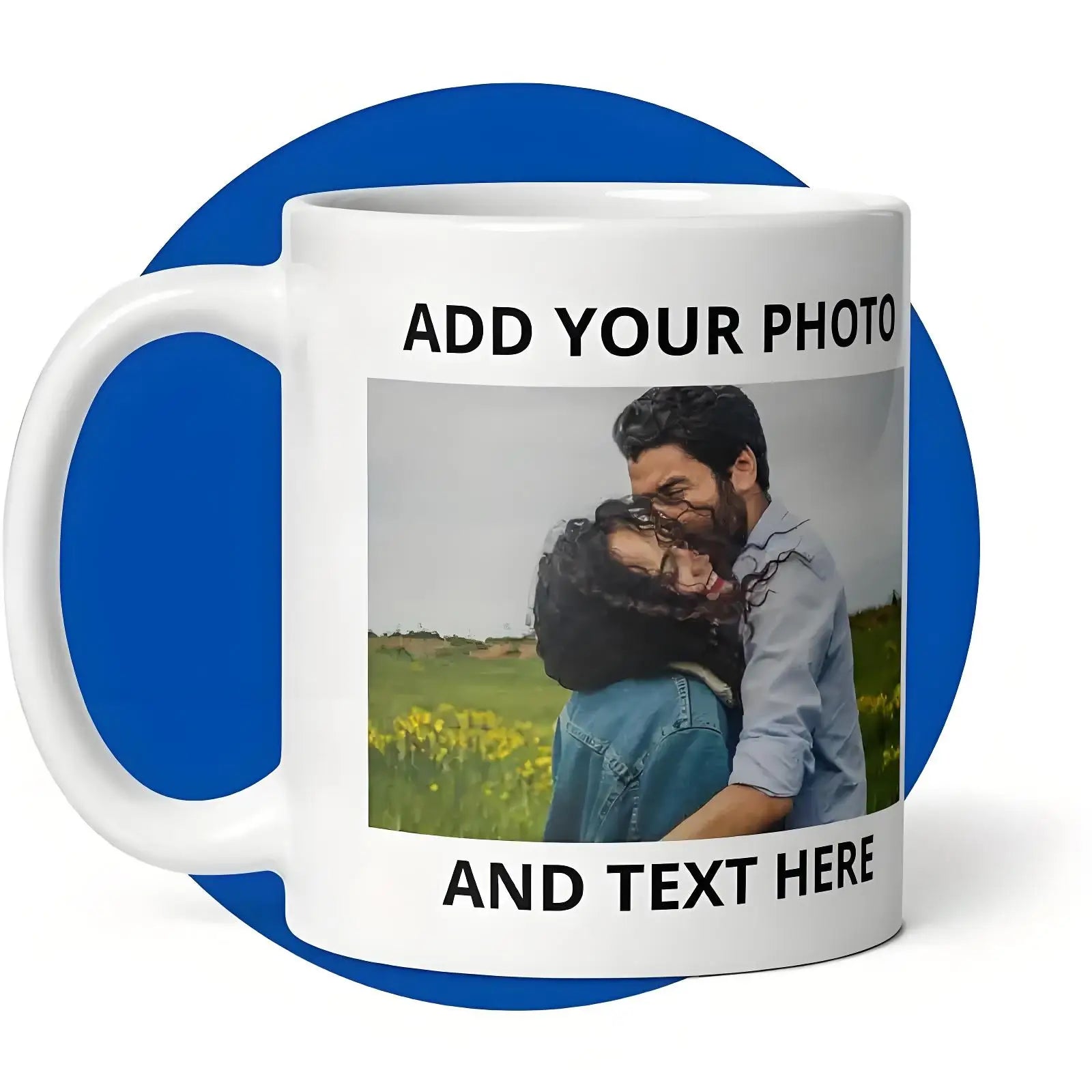 White mug with a photo of a couple and text 'Add your photo and text here' on a blue background