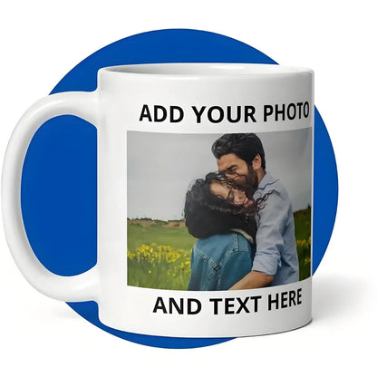 White mug with a photo of a couple and text 'Add your photo and text here' on a blue background