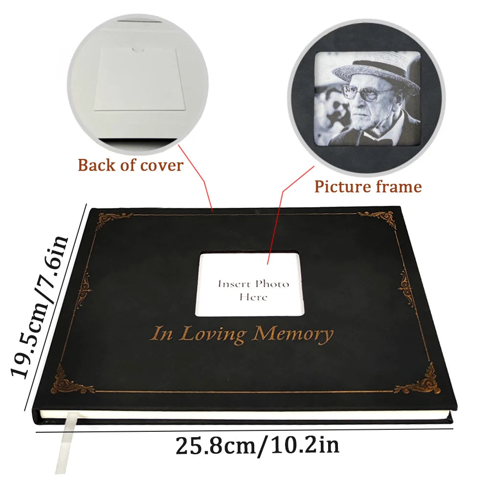 Memorial book with photo frame and measurements on a white background