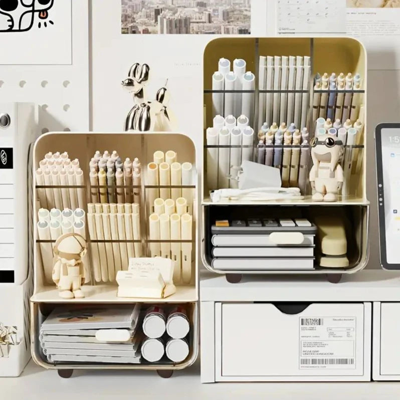 Organized stationery and office supplies on shelves with a cityscape wallpaper in the background.