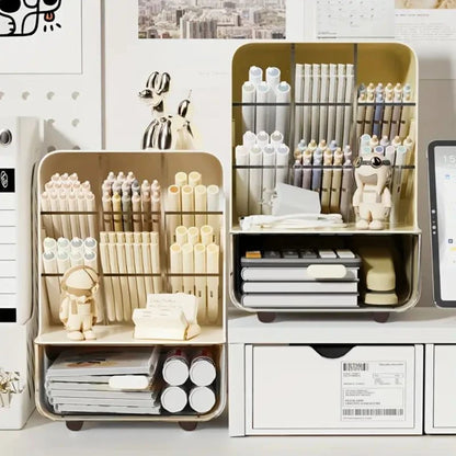 Organized stationery and office supplies on shelves with a cityscape wallpaper in the background.
