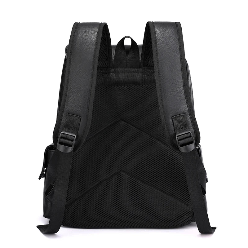 Black backpack with a geometric pattern on a white background