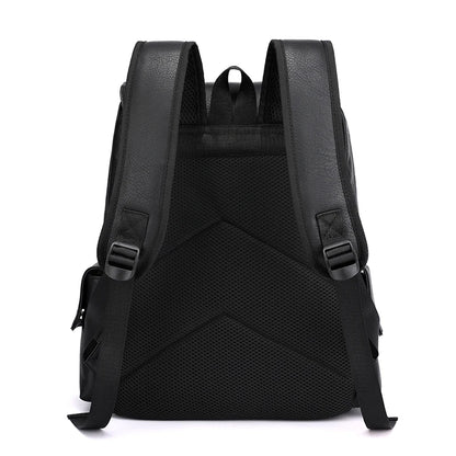 Black backpack with a geometric pattern on a white background