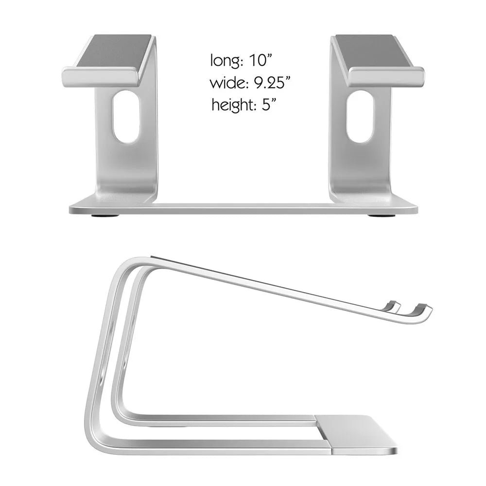 Silver phone stand with dimensions on a white background