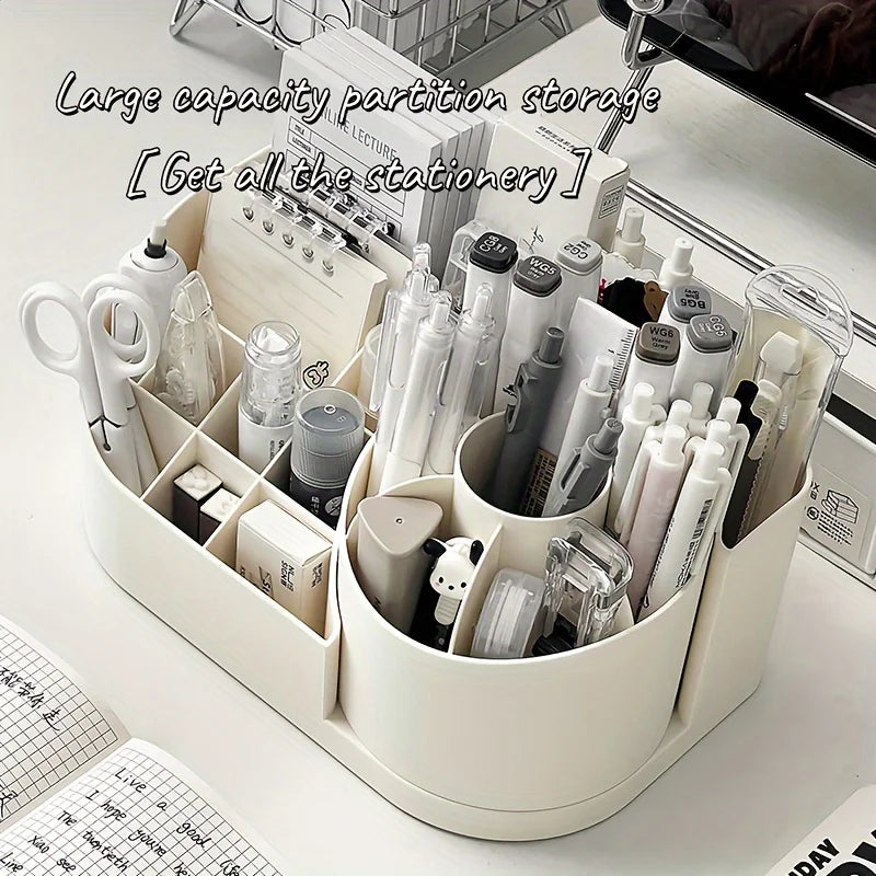 Stationery organizer with various items on a desk