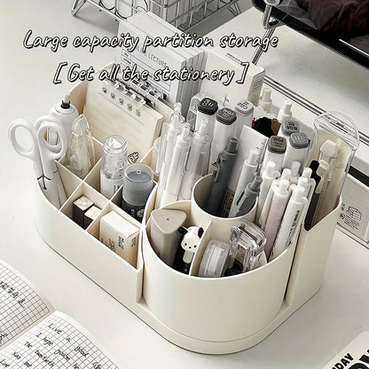 Stationery organizer with various items on a desk