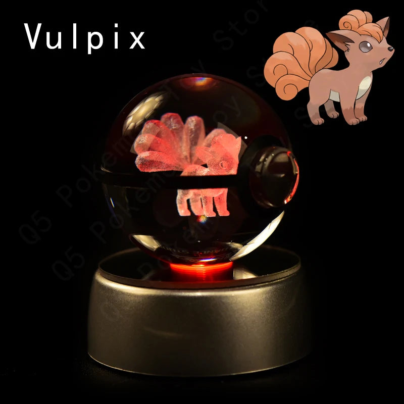 Crystal ball with glowing red interior and Vulpix illustration above on a black background