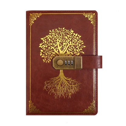 Brown leather notebook with gold tree design and combination lock on a white background