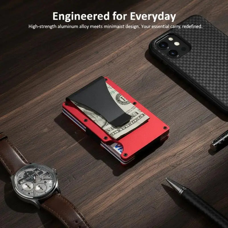Red wallet with money clip on a wooden surface with phone, watch, and pen.