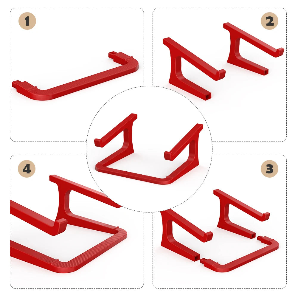 Red metal brackets shown from multiple angles on a white background