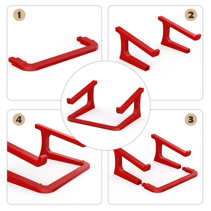 Red metal brackets shown from multiple angles on a white background