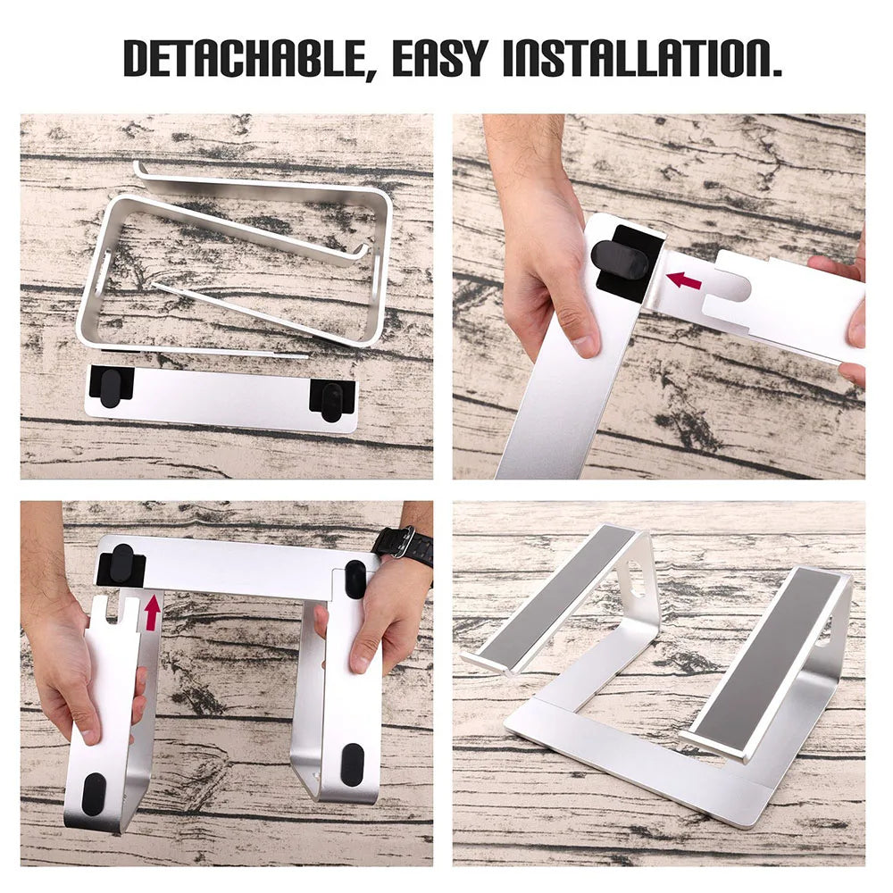 Step-by-step installation process of a detachable product on a wooden surface.